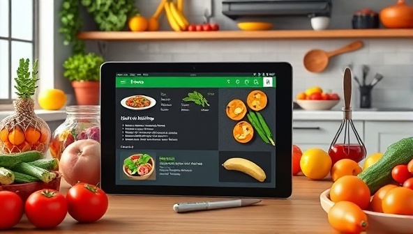 An artistic depiction of a virtual kitchen setting with a colorful array of fresh produce and cooking utensils, showcasing a digital tablet displaying a plant-based recipe being prepared step-by-step, conveying a modern and interactive cooking experience.
