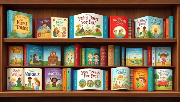 An enchanting bookshelf filled with personalized storybooks, each uniquely designed with colorful covers and titles, symbolizing the diverse and captivating range of storytelling options available through the subscription service.
