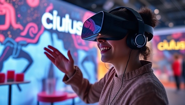 An emotional and captivating virtual reality scene where a customer is exploring a brand's virtual world, interacting with products, experiencing brand values, and forming a deep emotional connection, highlighting the immersive and engaging nature of the brand experience.