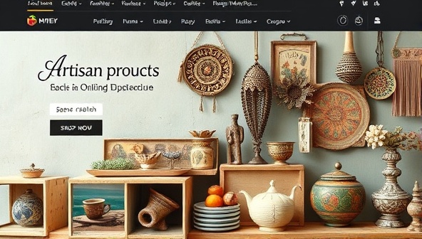 A visually appealing online marketplace interface showcasing a variety of artisan products displayed in a curated manner, with vibrant colors, intricate details, and a sense of craftsmanship, evoking a sense of creativity and uniqueness.