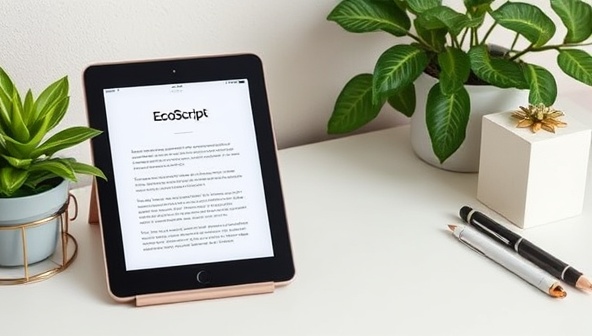 A modern and minimalist digital workspace showcasing a tablet with the EcoScript journal app open, surrounded by green plant decor and eco-conscious stationery, embodying the harmonious blend of technology and sustainability in the paperless writing experience offered by EcoScript.