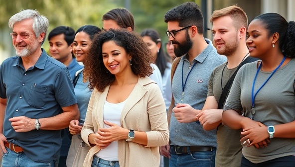 An image of a diverse group of individuals wearing health monitoring devices, engaging in various daily activities, with a tagline 