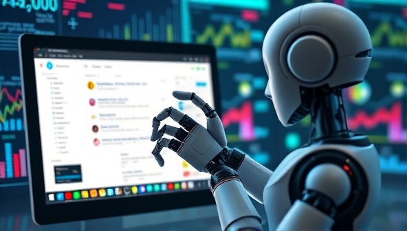 An AI-powered robot hand crafting personalized emails on a computer screen, surrounded by digital data streams and colorful customer profiles, illustrating the concept of personalized marketing automation and data-driven strategies.