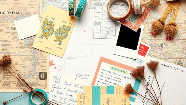 An artistic flat lay composition featuring travel-themed scrapbooking materials like vintage maps, colorful washi tapes, polaroid prints, handwritten notes, and dried flowers, arranged in a visually appealing and inviting layout, inviting viewers to embark on a creative journey of memory preservation and storytelling.