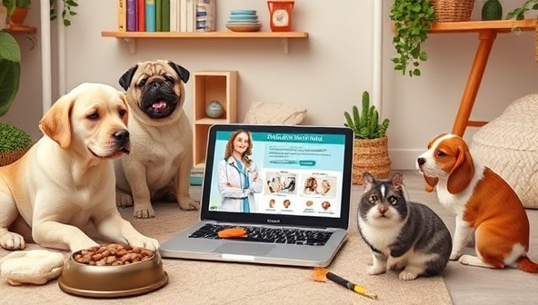 A cozy and pet-friendly setting with a variety of pets, including a dog, a cat, and a rabbit, surrounded by pet care essentials like food bowls, toys, and grooming supplies, with a laptop displaying a virtual pet wellness consultation in progress, showcasing the caring and knowledgeable environment of Pawsitive Health Hub, emphasizing pet health and happiness.