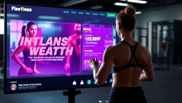 A digital interface displaying a virtual fitness coach guiding a client through an intense workout session, with vibrant graphics and motivational cues, symbolizing innovation and personalized fitness coaching.