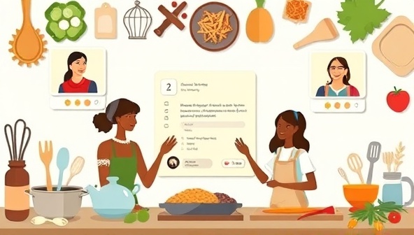 An artistic representation of a virtual culinary skill exchange session, featuring diverse individuals sharing cooking tips and recipes through a digital interface, with culinary tools and ingredients scattered in the background, illustrating a collaborative and interactive cooking community.