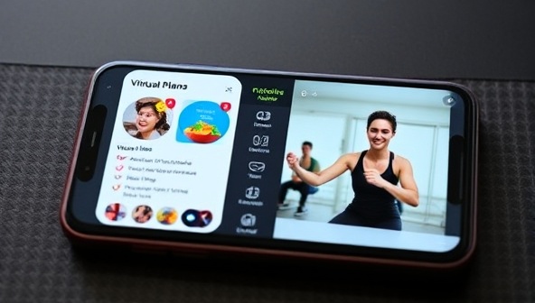 A smartphone displaying a fitness app interface with workout plans, nutritional tips, and a virtual trainer conducting a training session, conveying convenience and expertise.