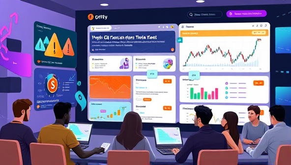 An engaging online course interface with vibrant graphics, interactive modules, and a diverse group of users participating in a crypto trading simulation, creating a dynamic learning environment.