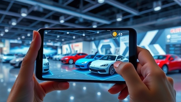 An augmented reality visualization of a user exploring a virtual car showroom through a smartphone or AR headset, interacting with digital car models and customizing features in a futuristic and engaging display of automotive technology.