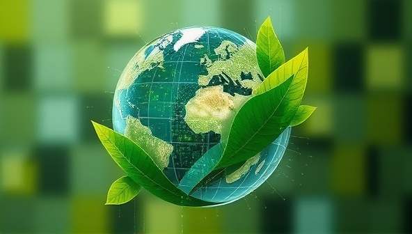 An artistic representation of a globe intertwined with digital elements like pixels and green leaves, symbolizing the harmonious blend of technology and sustainability that EcoPixel Designs embodies.