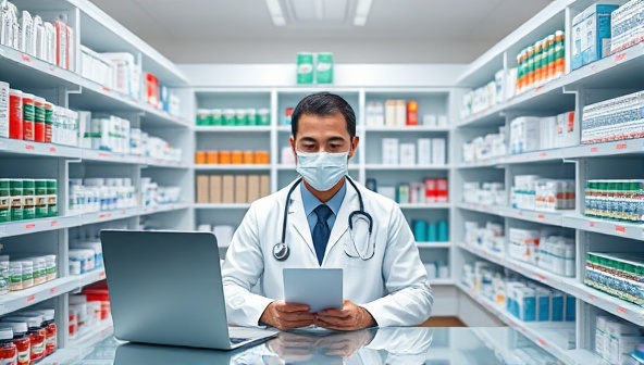 A digital platform interface showing a pharmacist in a virtual consultation with a customer, surrounded by shelves of medicine and healthcare devices, creating a professional and personalized online pharmacy experience.