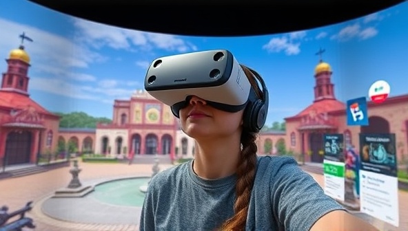 An immersive visual of a user wearing a VR headset, exploring a virtual representation of a local landmark or scenic spot, surrounded by interactive elements and informative pop-ups, creating a captivating and educational virtual tourism experience that transports users to new destinations.