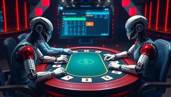 An image showcasing a virtual poker table with AI-powered avatars analyzing gameplay, providing feedback to players, and enhancing the overall poker experience with futuristic elements, emphasizing the blend of technology and poker expertise.