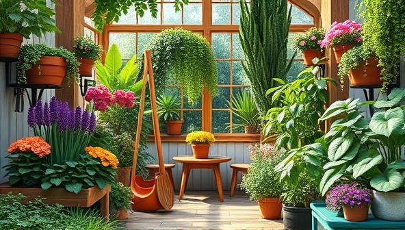 An inviting virtual garden space filled with lush plants, colorful flowers, gardening tools, and cozy seating areas where members of GreenThumbHub can virtually gather, share gardening experiences, and exchange plant care advice in a vibrant and green community setting.