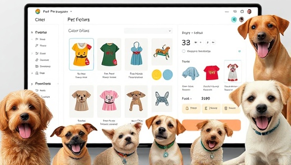 An online pet product customization interface with a variety of design options, color palettes, and personalization features for customizing pet accessories, displayed on a digital screen, surrounded by happy pets enjoying their bespoke creations, capturing the essence of personalized pet product design and creativity.