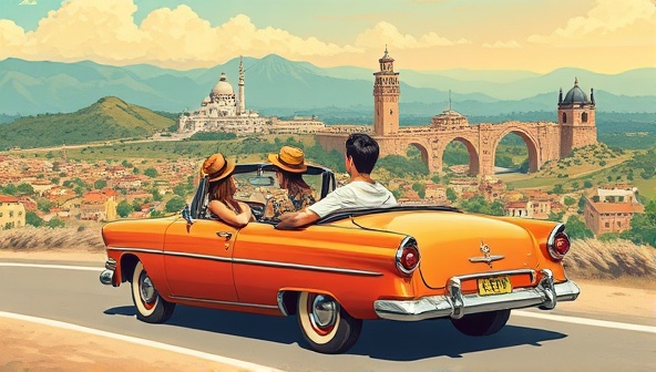A captivating digital artwork featuring a diverse group of travelers embarking on a scenic road trip adventure in a vintage convertible car, passing through breathtaking landscapes, charming towns, and iconic landmarks, with a sense of wonder and exploration captured in the vibrant colors and dynamic composition of the illustration.