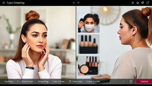 A split-screen image showing a makeup artist conducting a virtual consultation with a client, displaying various makeup products and tools in the background, highlighting the personalized and interactive nature of the service.