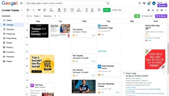 An intuitive social media content calendar interface displaying scheduled posts, engagement metrics, and content suggestions, with a user-friendly design and customizable features for seamless content management, emphasizing efficiency and organization in social media scheduling.