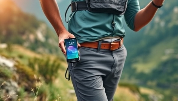 An image of a person engaged in outdoor activities, wearing a kinetic energy harvesting wearable device that powers their smartphone while hiking through a scenic natural landscape, highlighting the fusion of technology and sustainability in action.