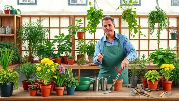 An online gardening workshop scene with a variety of potted plants, gardening tools, and a virtual gardening expert demonstrating pruning techniques, potting tips, and plant care advice, creating an interactive and educational gardening experience.