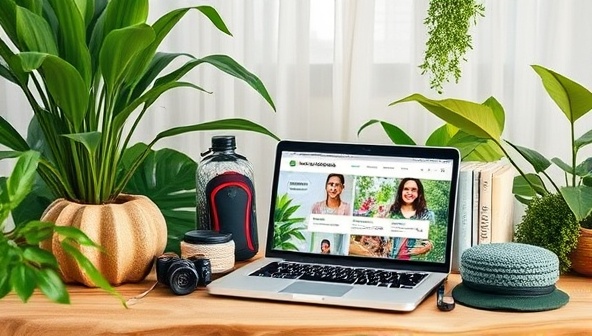 An eco-friendly virtual travel community setup with lush greenery, recycled travel gear, sustainable travel guides, and a laptop displaying a virtual sustainability workshop, inspiring members to embark on eco-conscious travel adventures and contribute to a greener world.