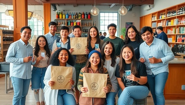 An engaging image of a diverse group of local influencers posing with products from different businesses in a vibrant and community-focused setting, conveying authenticity and local influence.