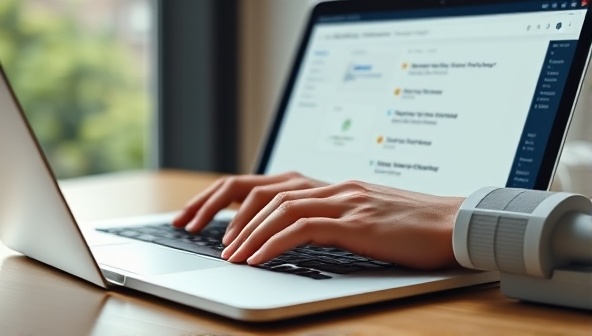 A sleek, modern interface showing a user typing on a laptop with AI-powered suggestions appearing in real-time, highlighting the tool's user-friendly and innovative features.