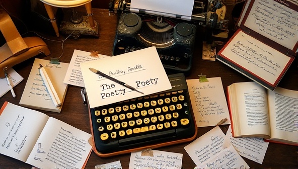 A desk adorned with a typewriter, a stack of colorful paper, and a quill pen, surrounded by scattered handwritten notes and books on poetry, creating a nostalgic and creative ambiance.