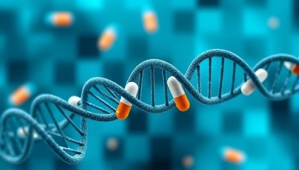 An engaging illustration of genetic code intertwined with medication capsules, symbolizing the intersection of genetics and pharmacology in personalized medication management offered by PharmaGene Insight.