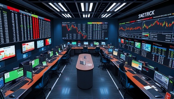 A virtual trading floor bustling with activity, featuring digital stock tickers, charts, and trading terminals, overlaid with gamified elements like leaderboards and rewards, capturing the excitement and competitiveness of StockSim Bet's virtual stock market challenge.