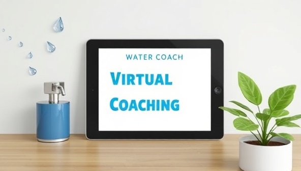 A virtual coaching session scene depicting a water coach providing guidance on a tablet screen, accompanied by animated water droplets symbolizing conservation progress, a water-saving device, and a green plant representing sustainability, creating a motivational and educational setting.