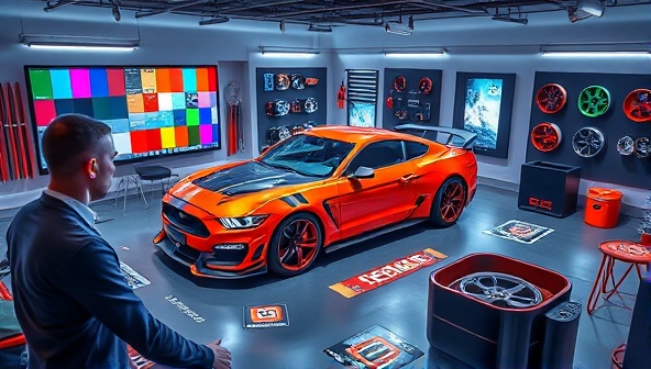 An immersive digital workspace showing a user interacting with a lifelike 3D model of a customized car, surrounded by design elements like color swatches, rims, and spoilers, creating a dynamic and engaging atmosphere.