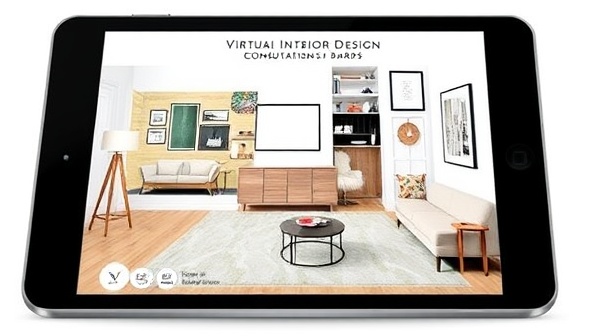 A visually appealing digital mood board showcasing a cohesive interior design concept with color swatches, furniture pieces, and decorative accents, representing the creative and personalized approach of virtual interior design consultations, all displayed on a sleek tablet screen.