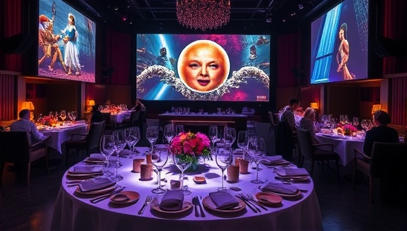 An immersive dining theater setting with elaborate table settings, interactive screens projecting themed visuals, performers engaging with guests, and a culinary team presenting visually stunning dishes, evoking an atmosphere of culinary artistry and immersive storytelling at SensoryCuisine Theater.