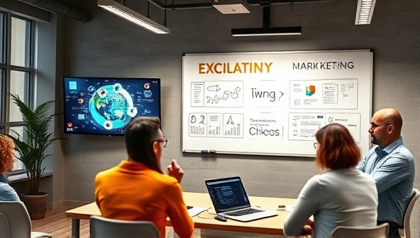 An office setting with digital marketing tools on a computer screen, creative campaign visuals on a whiteboard, and a team brainstorming ideas, conveying innovation and strategic planning in the digital marketing realm.