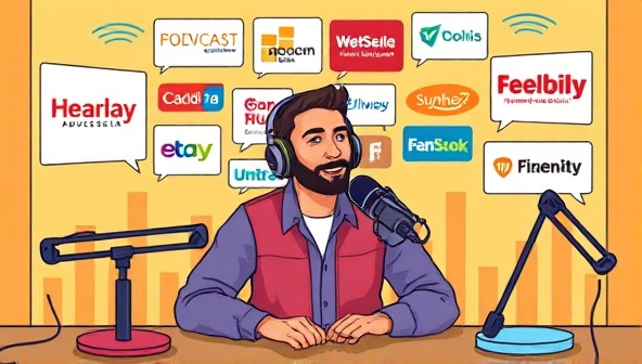 A vibrant illustration of a podcast host recording in a studio with local business logos displayed in the background, surrounded by sound waves and microphone icons, encapsulating the essence of local podcast advertising and community connectivity.