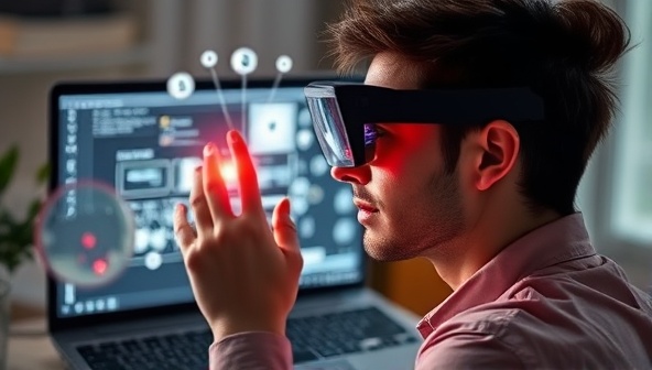 An engaging visual of a person wearing AR glasses, interacting with virtual design elements floating in front of a laptop screen, illustrating the immersive and interactive nature of ARWebConsult's consultations.