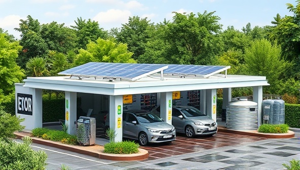 A modern car wash facility surrounded by lush greenery, featuring solar panels, water recycling tanks, and eco-friendly cleaning products, showcasing a sustainable and environmentally conscious business model.