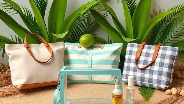 An aesthetically pleasing image featuring a collection of stylish and sustainable travel accessories arranged against a backdrop of lush greenery and natural elements, highlighting the eco-friendly and trendy appeal of the products.