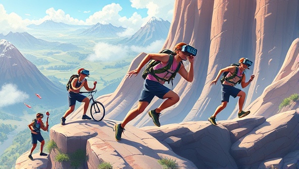 An exhilarating digital illustration featuring virtual fitness adventurers conquering challenging terrains and obstacles in an immersive virtual world, showcasing the thrill and excitement of FitQuestAdventures' virtual fitness challenges.