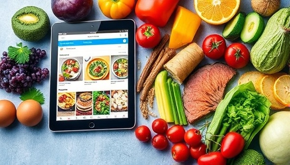 An enticing and vibrant image showcasing a variety of colorful and nutritious food items arranged in a visually appealing manner, along with a digital tablet displaying a custom meal plan, conveying the essence of healthy eating and personalized nutrition guidance offered by the platform.