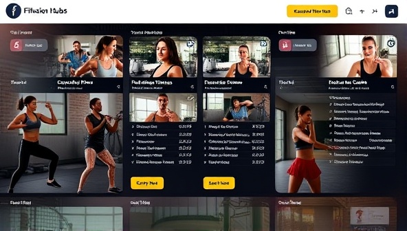 A dynamic visual of a virtual fitness studio with diverse participants engaging in live workout sessions, following personalized fitness plans, and receiving coaching from virtual trainers, conveying the energy, motivation, and community spirit of FitFusion Hub's online fitness challenges and coaching services.