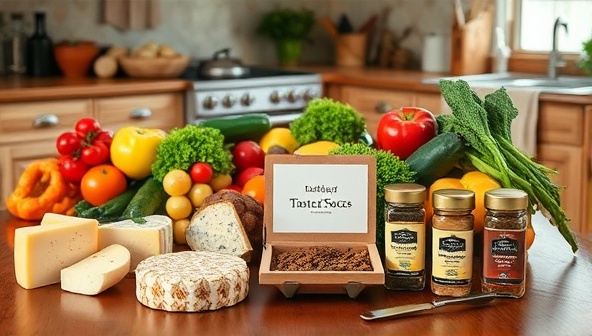 An inviting kitchen scene with a rustic wooden table adorned with fresh local produce, artisanal cheeses, and unique spices from a Taste of Home subscription box, creating a cozy and culinary atmosphere that inspires culinary exploration.