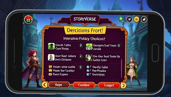 A visually captivating screenshot of the StoryVerse app interface, showcasing a pivotal decision point in a fantasy storyline with interactive choices displayed on the screen, accompanied by vibrant graphics and engaging character illustrations, inviting users to dive into the interactive storytelling experience.