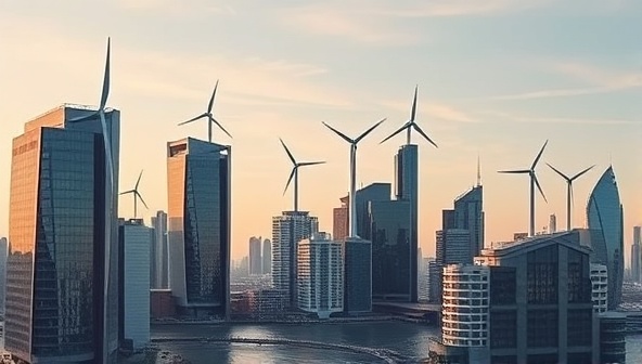An urban skyline featuring sleek buildings adorned with discreet wind turbines seamlessly blending into the architecture, symbolizing a harmonious fusion of modern design and renewable energy solutions.