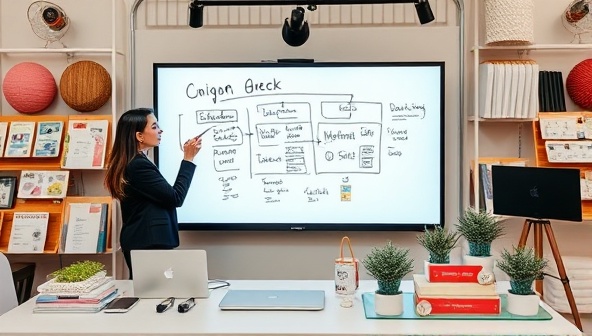 A virtual event planning session with a consultant brainstorming ideas on a digital whiteboard, surrounded by event decor samples and technology gadgets, illustrating the creativity and innovation in planning virtual and hybrid events.