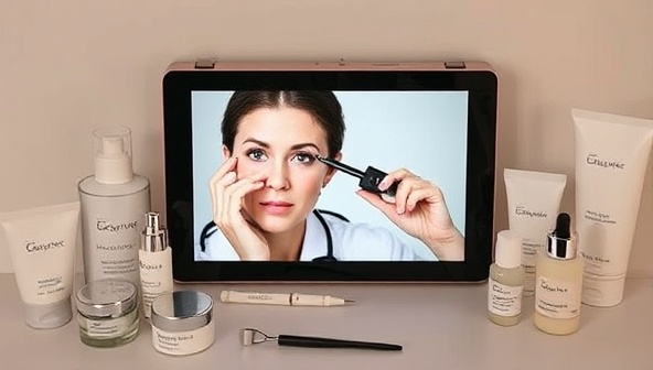 An aesthetic image of a dermatologist examining a skin condition on a digital device screen, surrounded by various skincare products and tools, showcasing the expertise and personalized care provided by SkinRx Virtual for online dermatologist consultations.