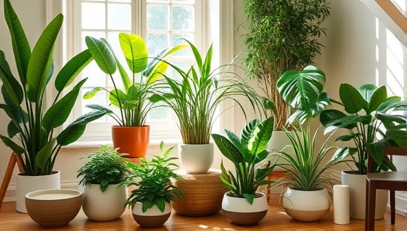 An aesthetically pleasing image featuring a collection of vibrant and lush indoor plants arranged in stylish planters and pots, set against a backdrop of a sunlit room with cozy decor elements, creating a serene and green oasis vibe, perfect for a personalized plant subscription service.