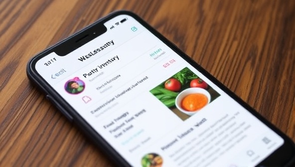 A smartphone screen displaying the WasteLessEats app interface with a user's pantry inventory, suggested recipes, and food storage tips to reduce waste, showcasing the app's practicality and eco-friendly approach to sustainable cooking.